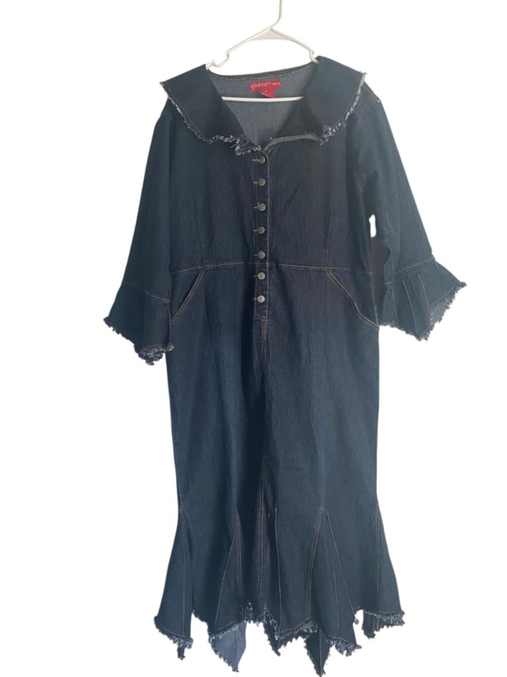 Curvy Vintage Western Denim Dress Oversized Bertha Collar & Flare Sleeves 20 - Picture 2 of 7